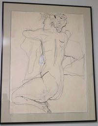 Post Modern Pencil Sketch Of Seated Nude, Initialed And Dated, In Modern Metal Frame