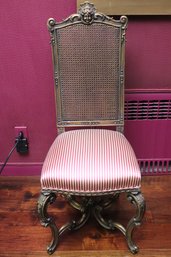 Louis XV Style Petite Side Chair With Female Sunburst Crest, X Base Stretcher And Striped Silk Fabric.