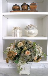 Home Decor Includes Assorted Variety & Size Powder Jars Ranging In Size & Decorative Basket With Faux Flowers.