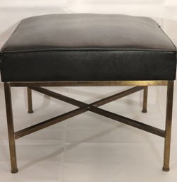 MCM Style Stool With Faux Black Leather And Brass Legs With X Frame Base