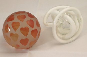 Signed Art Glass Paperweight With Orange Hearts And Pretzel Glass Paperweight.