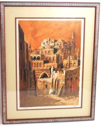 Signed Lithograph Of Biblical Town With Mosque & Ancient Buildings By A. Arad
