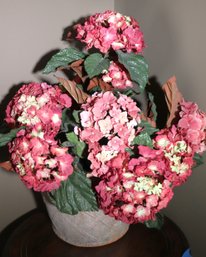 Textured Ceramic Planter With Faux Pink Hydrangeas.