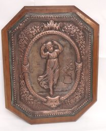 Spring Embossed Copper Relief Art On Wood Plaque Of An Innocent Little Girl With A Patinated Finish