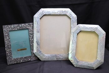 Three Vintage Mother Of Pearl Picture Frames With An Eggshell Type Pattern.