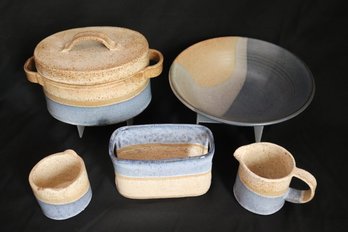 Six Piece Set Of Studio Stoneware Pottery In Blue And Natural Color, Signed On The Underside.