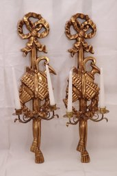 Pair Of Ornate Carved Wood Gilded Candle Wall Sconces With Ribbon And Pitcher Motif Made In Italy