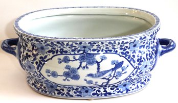 Oversized Hand Painted Blue & White Tureen With Cherry Blossoms & Birds