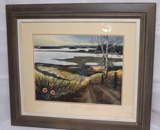 Framed Watercolor Of A Cottage On The Shoreline By Gradus