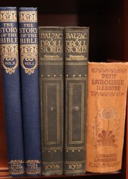 Five Antique Hardcover Books With Illustrations, Balzac, The Story Of The Bible 2 Volumes And Petite Larousse