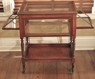 Vintage Wood & Glass Rolling Bar Cart With Side Panel Doors