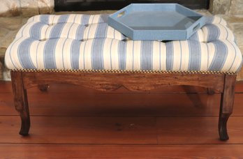 Country French Wooden Bench With Tufted Blue /white Stripped Linen Fabric And A Faux Shagreen Tray.