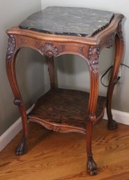 French Louis XV Style Side Table With Carved Legs, & Marble Top.