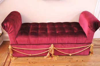 Gorgeous Red Velvet Settee With Tufted Seat Cushion And Gold Braided Tassel Rope Accents Custom Made By Calico