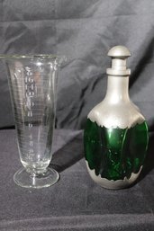 Green Glass And Aluminum Dutch Decanter And Antique Glass Measuring Cup