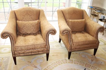 Pair Of Stylish Camel Back Club Chairs With Dark Gold Damask Upholstery & Nail Head Trim