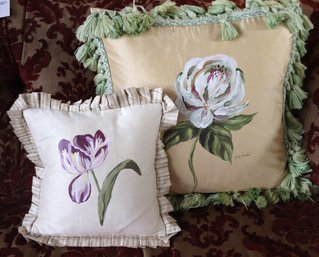 Two Hand Painted Silk Pillows With Flowers And Fringe Trim.