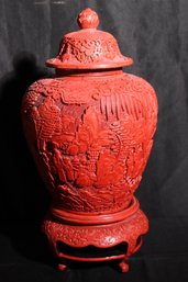 Gorgeous Large Cinnabar Lidded Urn With Beautiful Carved Exterior, On Cinnabar Stand