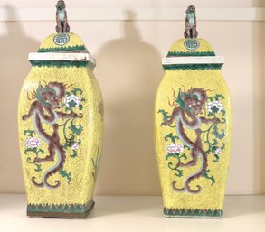 Pair Of Antique Hand Painted Chinese Vases With Dragon Design And Foo Dog Accented Lids