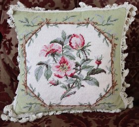 Floral Needlepoint Pillow With Fringes.