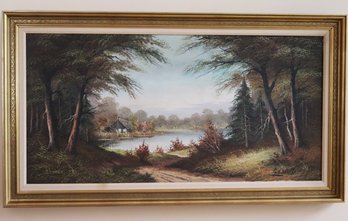 Large Signed Landscape Painting Of Forest Scene With Pond & Cottage In Nicely Detailed Gold Frame