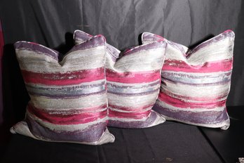 Lot Of 3 Custom Made Down Filled Accent Pillows With Purple And Metallic Silver Stripes.