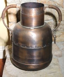 Large Hand Wrought Metal Can With Copper Color Finish, Rivets And Handles.