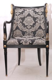 Custom Carved Wood Chair By Andre Originals With Painted Swans Head Accents, And Black Silver Metallic Fabric