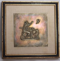 Antique Embossed On Brass Relief Art Of Cherubs Leaving The Nest On A Linen Matted Frame In A Wood Frame
