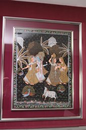 Indian Cloth Painting Of Women- Saris Dancing With Lord Shiva - Garden Setting, Double Chrome  Mp Lucite Frame