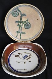 Art Pottery Platter Signed Rasmussen,81 With Fern Frond, And Dansk Glazed Bowl Crane / Heron