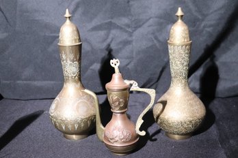 Lot Of 3 Indian Brass Etched Bottles With Lids.
