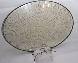 Antique Beaded Metal And Glass Tray With Hand Embroidered Floral Design Includes Vintage Spectacles By Olive