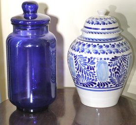 Hand Painted Blue, White Ceramic Jar With Lid And Cobalt Blue Glass Jar With Lid.