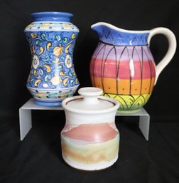 Three Handmade And Painted Pottery Items, With Italian Vase, And Pitcher.