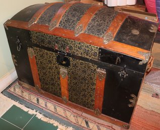 Antique Wardrobe Trunk With Embossed Lid & Fitted Interior Compartments