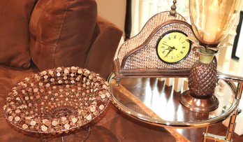 Home Decor Includes Mantle Clock, Pineapple Hurricane Candle Holder & Centerpiece Bowl With Beaded Accents
