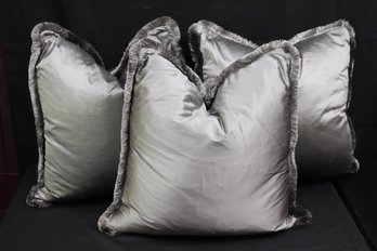 Three Custom- Made Grey Silk Accent Pillows With Gray Silk Fringe.