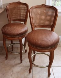 Pair Of Louis XV Style Bar Stools With Caned Backs & Metal Footrests