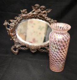 Vintage Cast Metal Cherub Mirror Stamped 309 On The Back And Vintage Pink Glass Vase