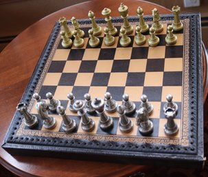 Leather Wrapped Reversible Game Board With Metal Chess Pieces Made In Italy