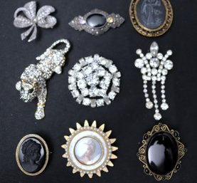 Assorted Vintage Pins With Rhinestones And Black Cameos, Karu Pin And Others