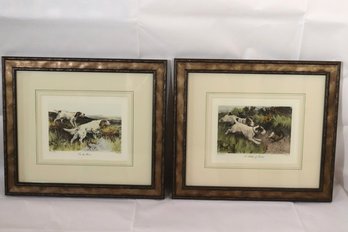 Pair Of Framed Hunting Prints With Dogs In Custom Mats & Frames