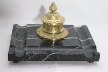 Fine Brass Ink Well On Marble Base