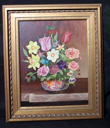Signed Oil On Board Still Life With Spring Bouquet On Tabletop