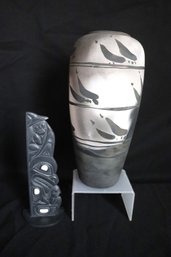 A Signed, Raku Vase, And Totem, Pole Carving By Barry Whitaker Killer Whale Looking For His Wife.