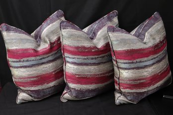 Lot Of 3 Custom Made Down Filled Accent Pillows With Purple And Metallic Silver Stripes.