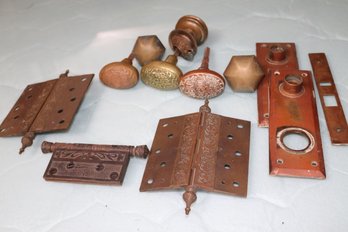.Lot Of 5 Original Antique Doorknobs, With Public School Embossing, Hinges & Back Plates