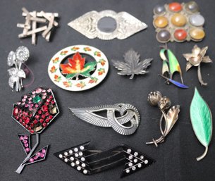 Lot Of Assorted Vintage Pins Featuring Sterling, Marcasite, Designers, And Natural Stones