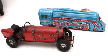 Reproduction Tin Toys Includes A Race Car & International Express Mf-804 Train